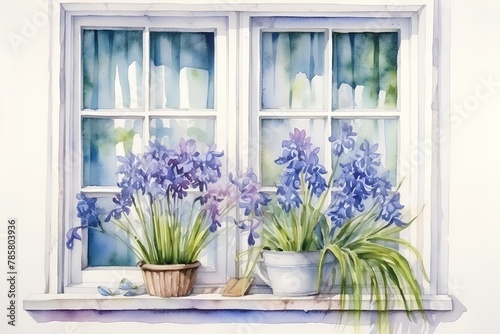 Blue hyacinths in pots on the window. Watercolor painting