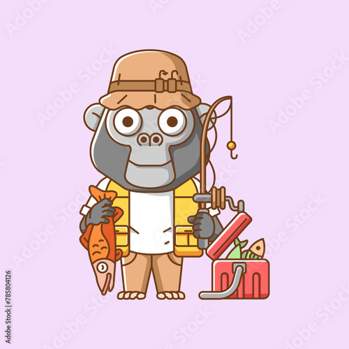 Cute gorilla fisher fishing animal chibi character mascot icon flat line art style illustration concept cartoon