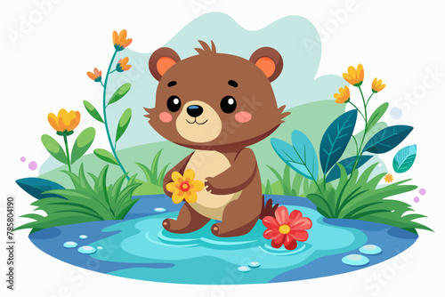 Charming cartoon bear with flowers