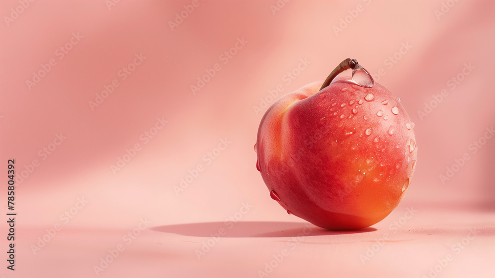 Ripe Peach with Water Droplets on Pink Background Ripe Peach with Water Droplets on Pink Background
