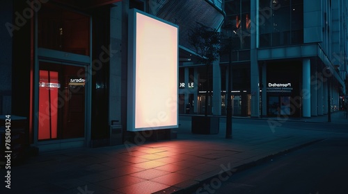 Mockup. Blank white vertical advertising banner billboard stand on the sidewalk at night