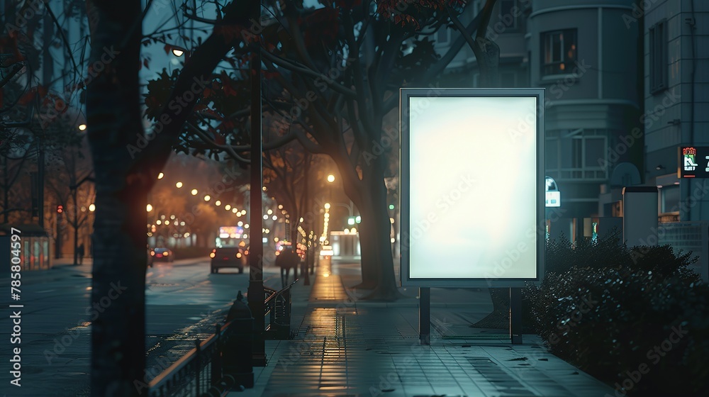 Fototapeta premium Mockup. Blank white vertical advertising banner billboard stand on the sidewalk at night
