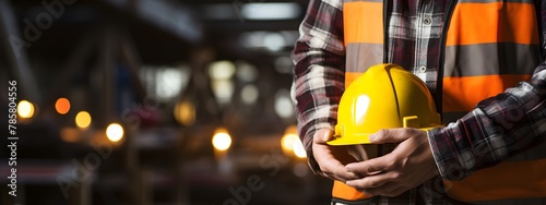 The worker is wearing a checked shirt and safety vest and holding a safety hat in his hand. Zoom in on his hands and stomach, industrial safety concept photo, (good to use as a banner photo)