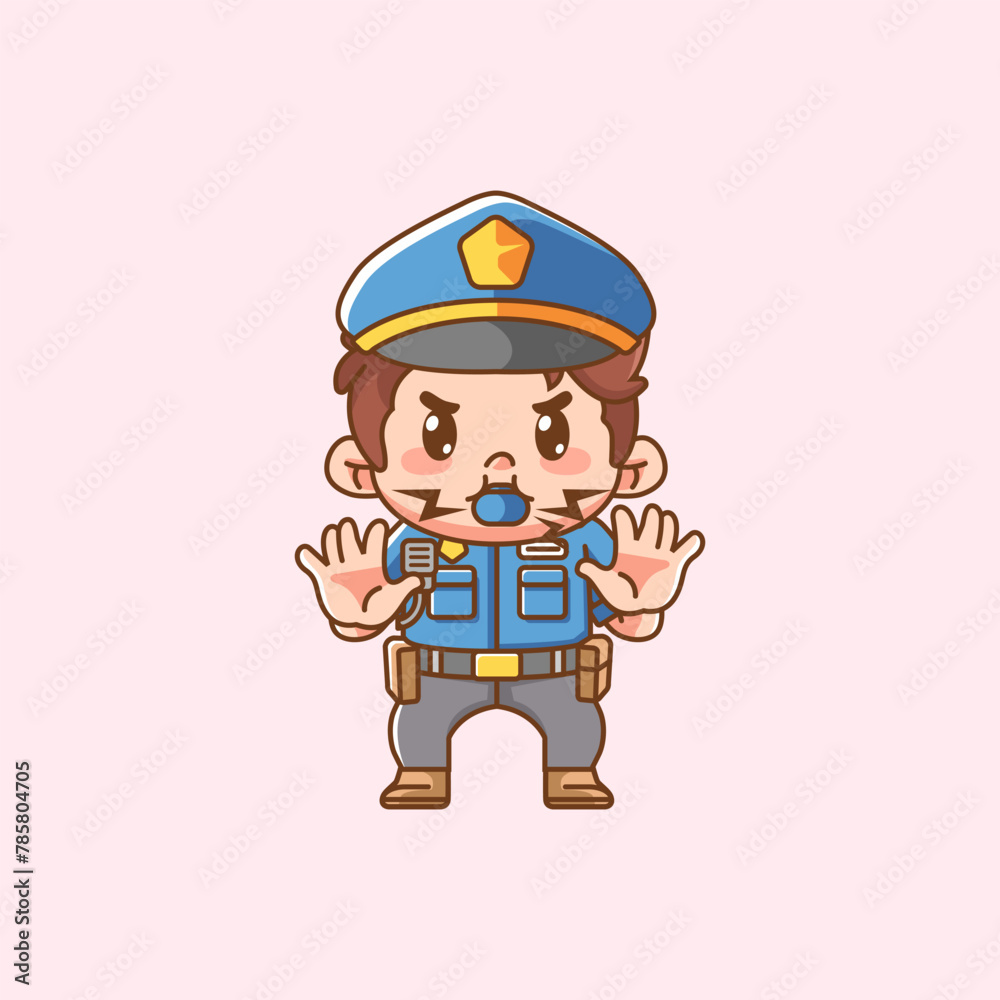 Cute police officer uniform blow whistle kawaii chibi character mascot illustration outline style design Cute police officer uniform blow whistle kawaii chibi character mascot illustration outline style design