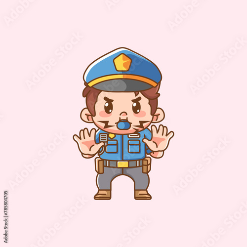 Cute police officer uniform blow whistle kawaii chibi character mascot illustration outline style design