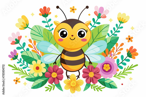 A charming bee cartoon character buzzes amidst vibrant flowers.