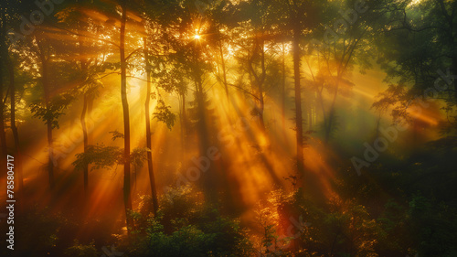 Misty Forest at Dawn with Sunbeams