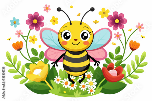 A charming bee cartoon animal with flowers on a white background.