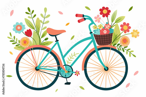 Charming bicycle cartoon adorned with flowers on a white background.