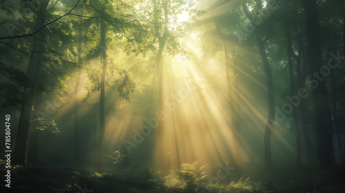 Misty Forest at Dawn with Sunbeams