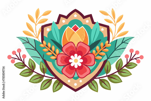 Charming badge with colorful flowers adorning a white background.