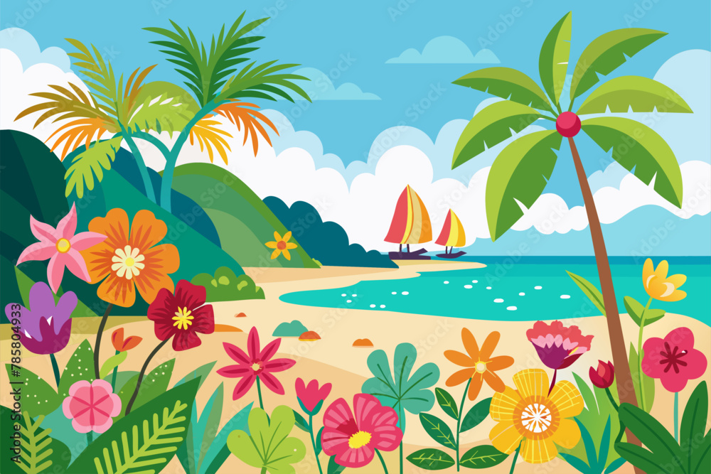 Charming beach with colorful flowers blooming on a white sandy background.