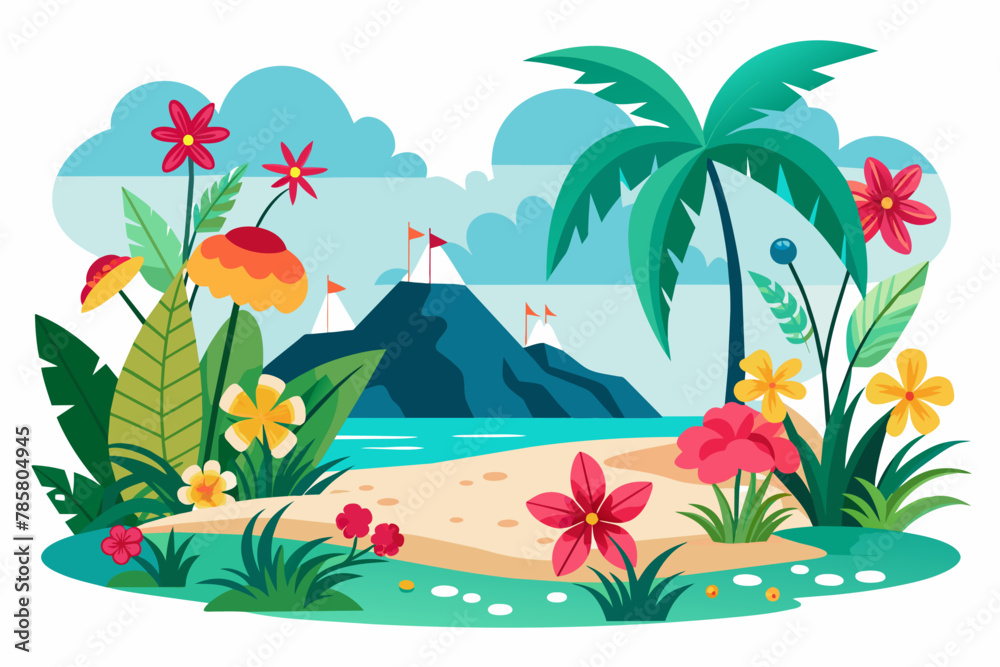 A charming beach scene with vibrant flowers adorning a pristine white background.