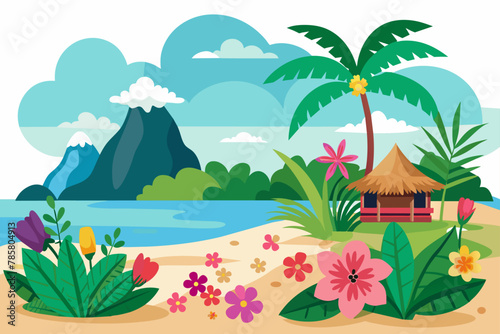 Charming beach with colorful flowers blooming on a white sandy background.