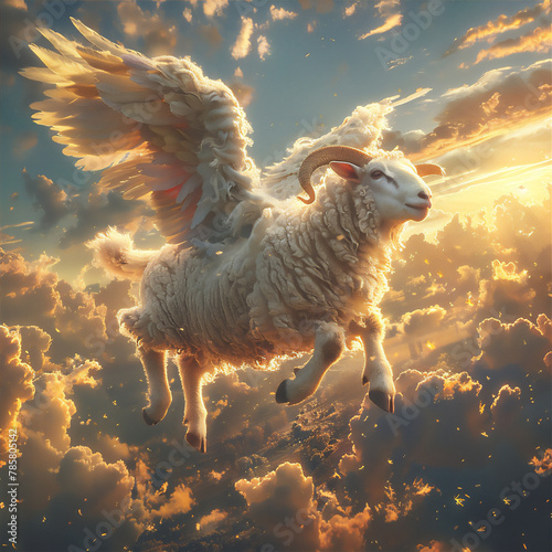  Flying white sheep with white wings in the sunset sky photo