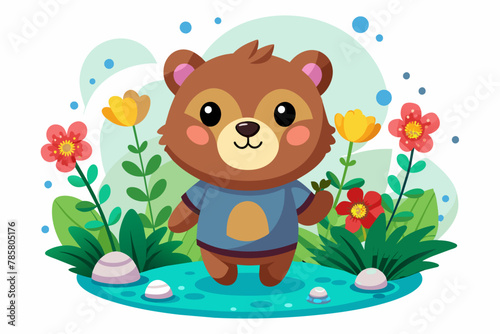 A charming cartoon bear holds a bouquet of flowers in its paws.