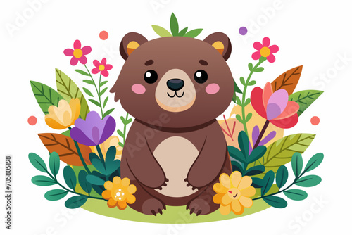 Charming cartoon bear with flowers on a white background.