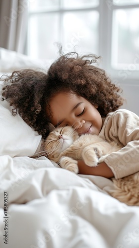 little girl with bright smile cuddling her beloved orange tabby cat on soft, comfy white bed, pure joy in cozy morning, lovely owner.
