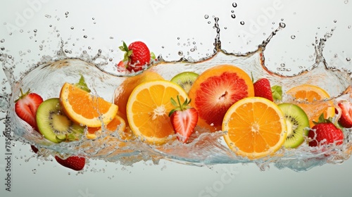 Fruit and berries falling into water with splash.