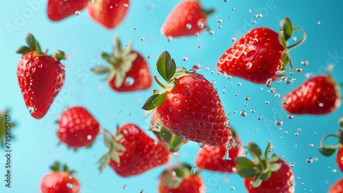 Vibrant Glossy Strawberries Falling with Water Splashes Against Blue Background