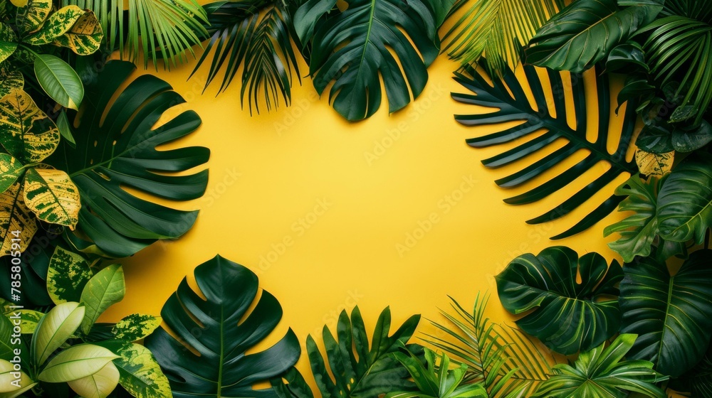 Vibrant tropical foliage border on vivid yellow background, summer or exotic concept with copy space.