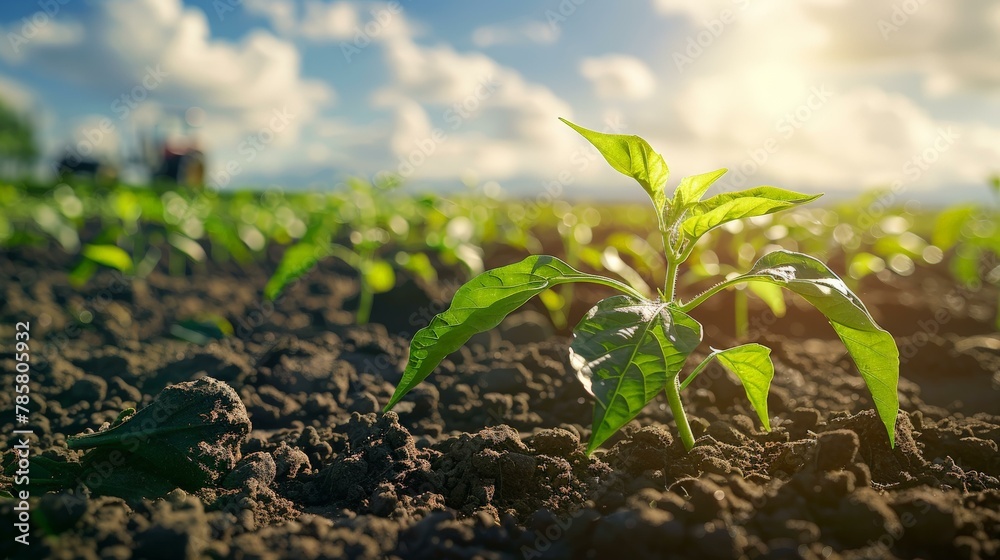 Vibrant young green plant sprouting from rich soil with sun flare, symbolizing new beginnings and growth, earthy tones. Copy space. Vibrant young green plant sprouting from rich soil with sun flare, symbolizing new beginnings and growth, earthy tones. Copy space.