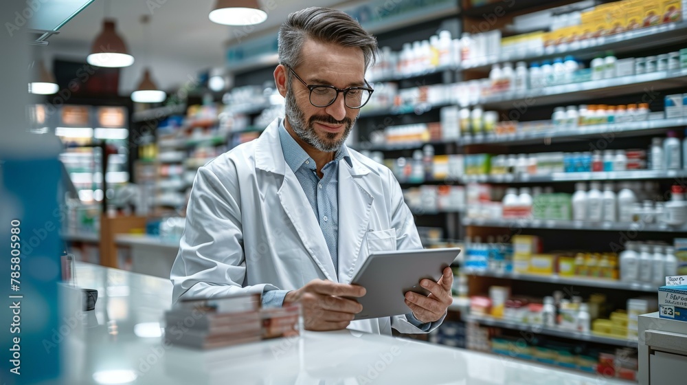 Professional Caucasian pharmacist with beard using tablet in modern pharmacy, wearing glasses and white lab coat, blue tones.