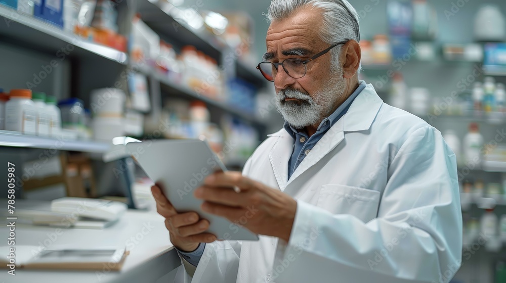 Focused senior Caucasian male pharmacist using digital tablet in modern pharmacy with shelves of medication in background.