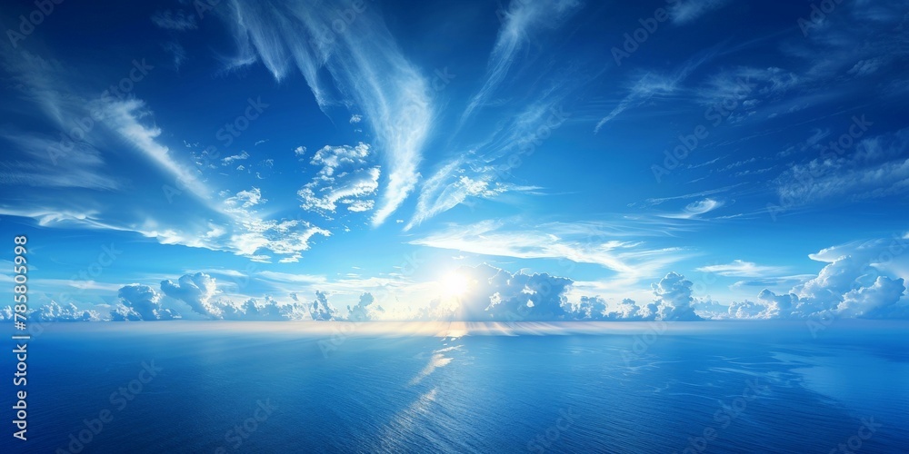 Breathtaking panoramic view of sunrise over ocean with vibrant blue skies and wispy clouds, serene and tranquil nature scene, suitable for backgrounds and wallpapers. Copy space.