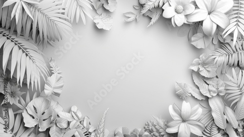 Elegant monochrome tropical floral border with various leaves and flowers, ideal for wedding invites and summer events. Copy space.