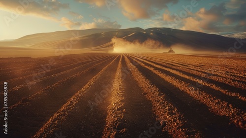 Serene sunset over plowed farmland with long shadows and dusty atmosphere, warm tones, feeling of autumn harvest season. Copy space.