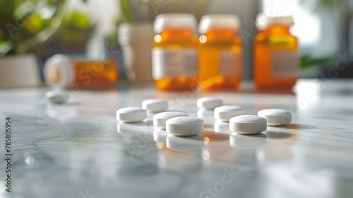 Serenely organized white pills on marble surface with blurred background of amber prescription bottles, healthcare and medicine concept. Copy space.