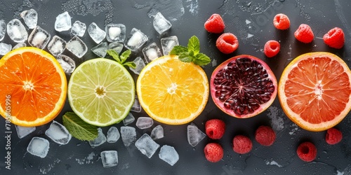 Vibrant citrus fruits and berries display with ice cubes on dark background, summer refreshment concept, includes oranges, lime, and raspberries. photo