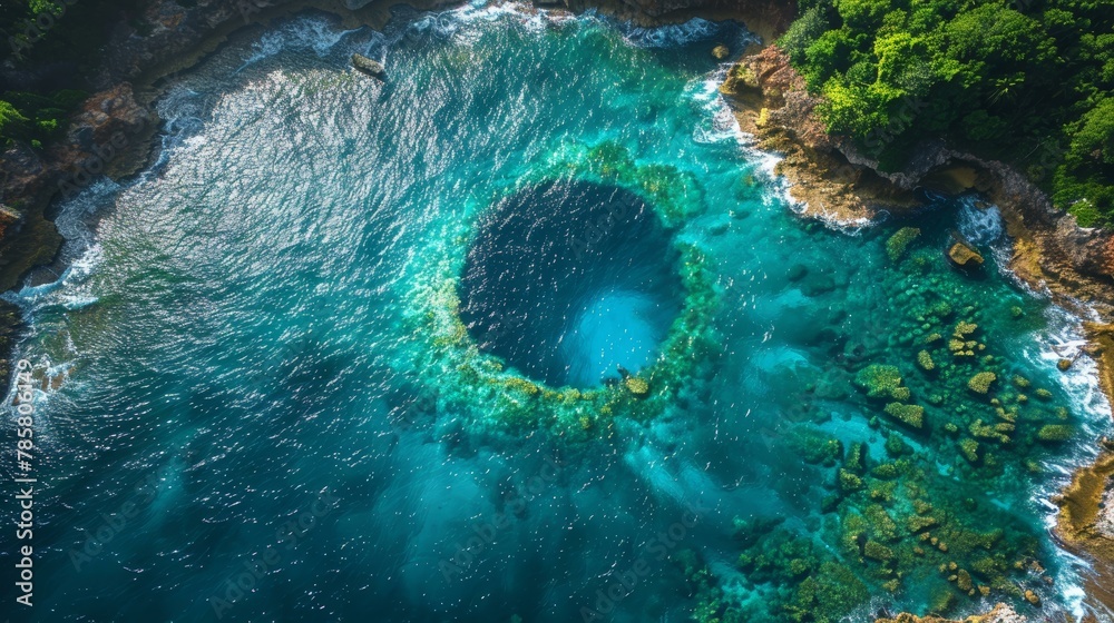 Breathtaking aerial view of unique geological formation, blue sea, greenery, summer travel destination concept, vibrant natural landscape.