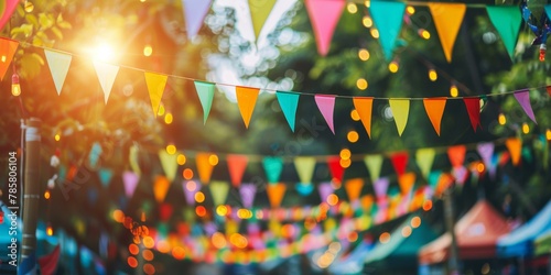 Vibrant outdoor festival decoration with colorful bunting under sunlight, blurry festive background, celebration concept, summer party mood.