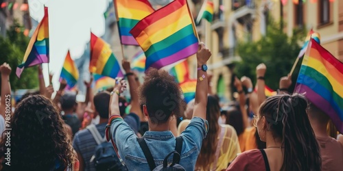 Vibrant pride parade with diverse crowd celebrating, multiple rainbow flags, sense of unity and freedom, LGBTQ+ community event.