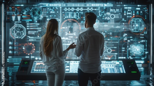 Innovative man and woman interacting with futuristic interface screens in a high-tech control room, illuminated with blue and orange hues.