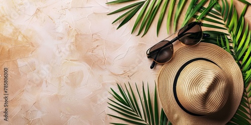 Serene summer vacation concept with one straw hat, sunglasses, and palm leaves on pastel background, suggesting tropical holidays and relaxation. Copy space.