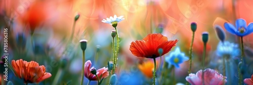 Vibrant summer meadow with multiple colorful flowers  including red poppies  at sunset  nature background for relaxation and tranquility.