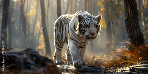 A white tiger walking through a forest with sunbeams . 