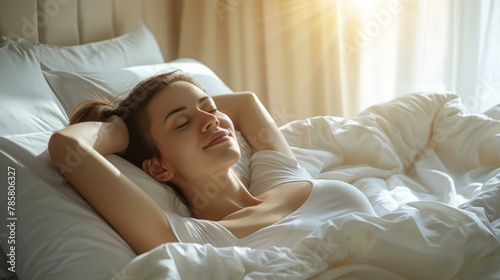 Tranquil young Caucasian woman enjoying a blissful morning in bed, sunshine filtering through, warm color tones, relaxation and comfort theme. Copy space.