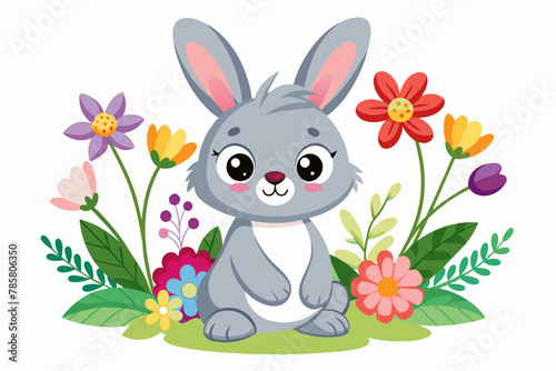 Charming bunny cartoon character with a bouquet of flowers on a white background