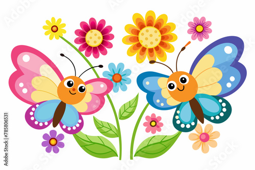 Charming butterflies flutter amidst vibrant flowers  creating a captivating cartoon scene.