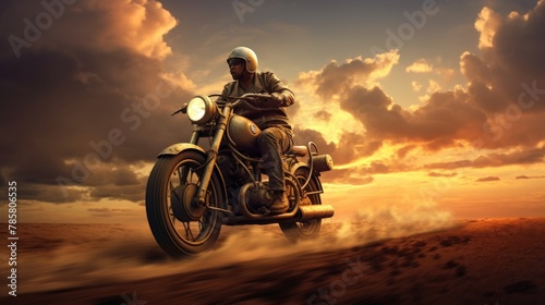 Motorcyclist driving a motorcycle in the desert. © WaniArt