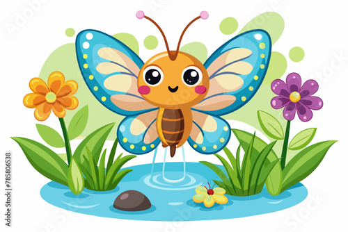 A charming butterfly cartoon animal flutters amidst colorful flowers.