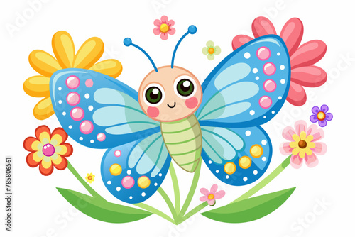 Charming cartoon butterfly with colorful flowers.