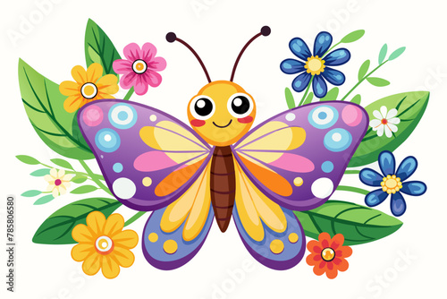 Charming cartoon butterfly with vibrant flowers  adding a touch of whimsy to any design.