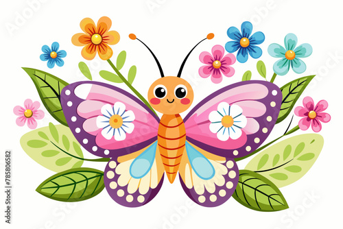 A charming butterfly cartoon animal flutters amidst colorful flowers.