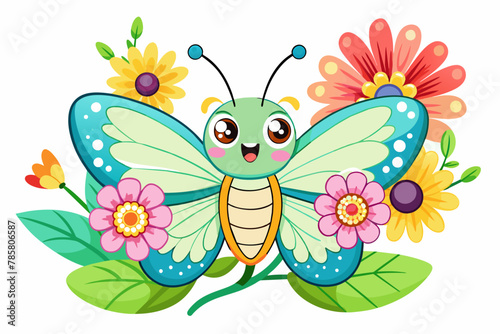 Charming cartoon butterfly flutters amidst vibrant flowers  adding a touch of whimsy to any scene.