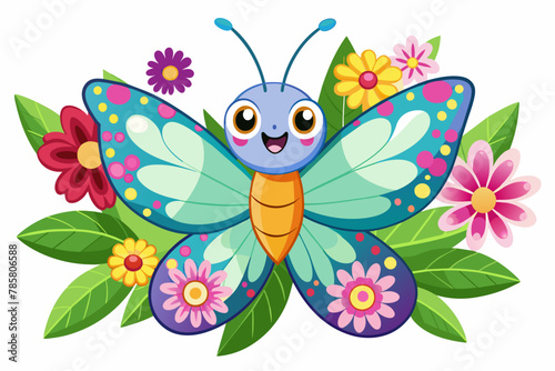 Charming cartoon butterfly adorned with vibrant flowers flutters gracefully through the air.